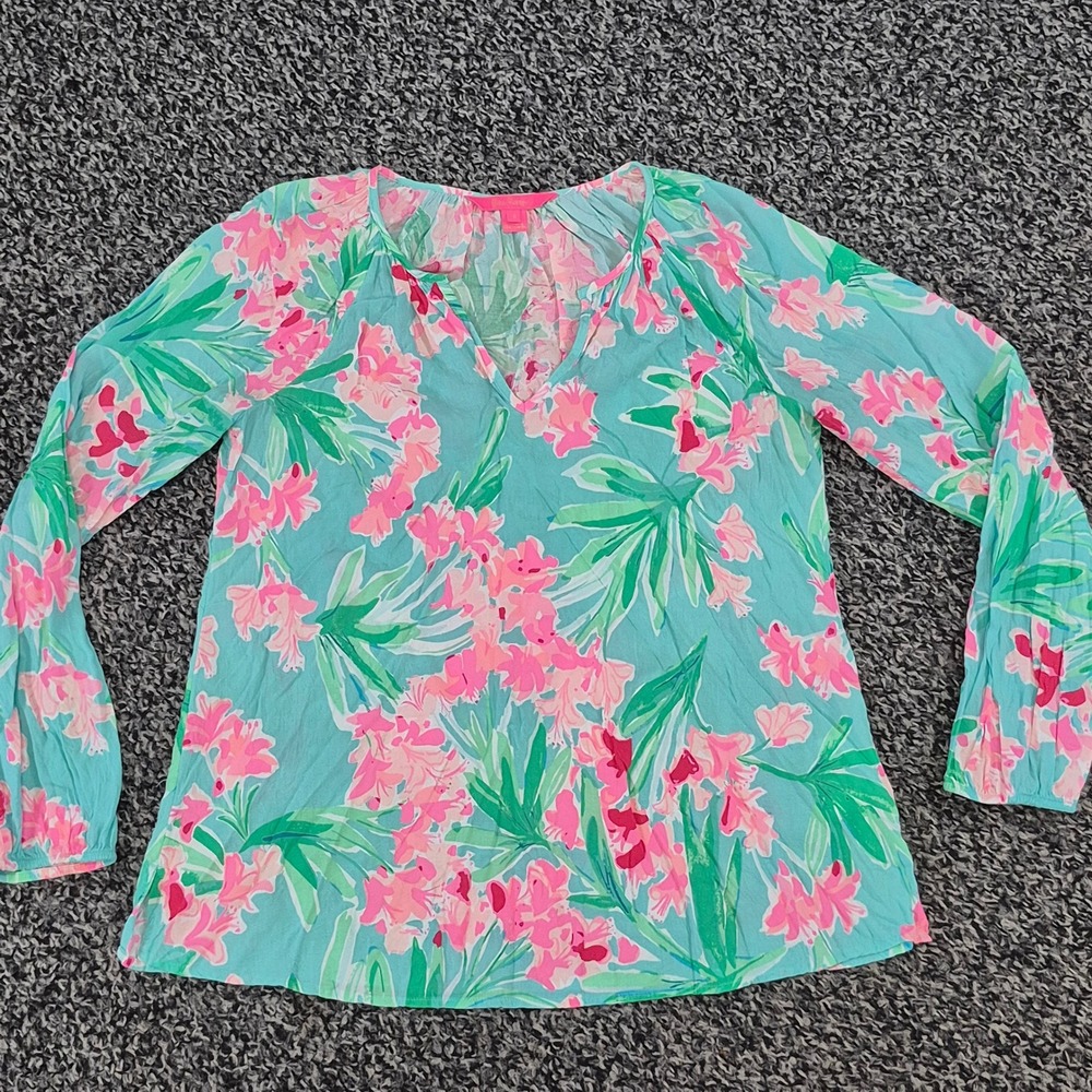 Lilly Pulitzer Womens Small Turquoise Pink Floral Rayon V-Neck Blouse Top 006063